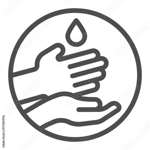 Two hands and water drop line icon, hygiene concept. Vector graphics. Washing hands with water sign on white background, outline style icon for mobile or web design.