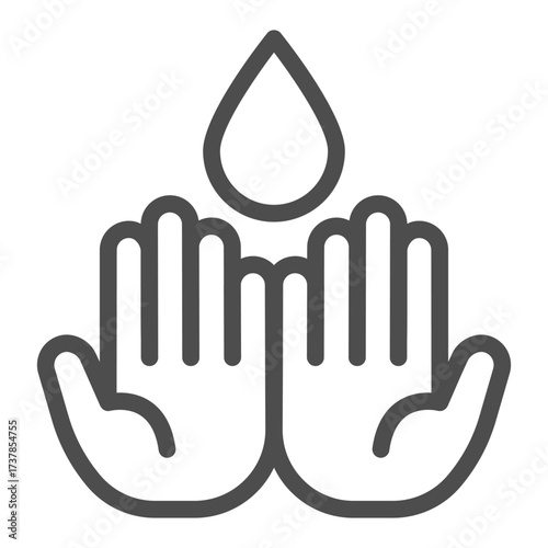 Washing hands with water line icon, hygiene concept. Vector graphics. Two hands and water drop sign on white background, outline style icon for mobile or web design.