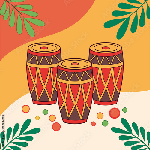 Three stylized traditional drums are centered with stylized leaves and colored circles behind them