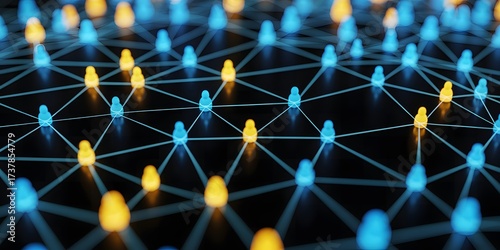 network of glowing blue and yellow nodes connected by lines, representing a digital connection or social network