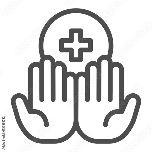 Clean palm of hands line icon, hygiene concept. Vector graphics. Hands and medical cross bubble sign on white background, outline style icon for mobile or web design.