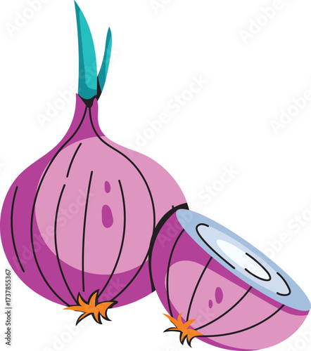 Red Onion Whole and Half Cartoon Vector Illustration on White