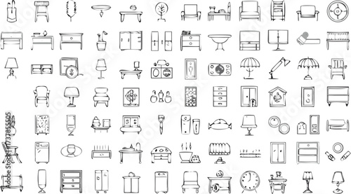 A collection of sketched furniture items including chairs tables lamps and storage units in a seamless pattern