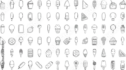 Collection of hand drawn ice cream and popsicle illustrations in various shapes and styles on white background