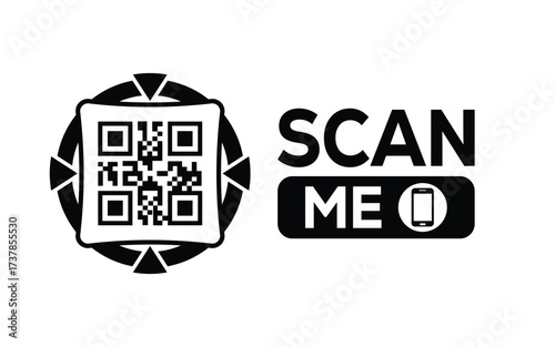 Minimalist black and white QR code label design with "SCAN ME" message, modern style, ideal for marketing, digital menus, business promotions, and mobile-based contactless solutions.	