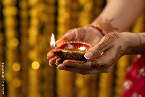 Closeup of hands holding a decorative diya oil lamp with a flame during diwali, with blurred lights in the background