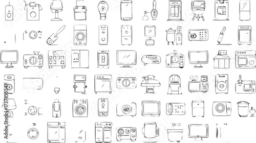 Sketch illustration showcasing a variety of household appliances and electronic devices in simple line art
