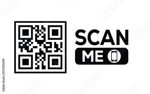 Minimalist black and white QR code label design with "SCAN ME" message, modern style, ideal for marketing, digital menus, business promotions, and mobile-based contactless solutions.	