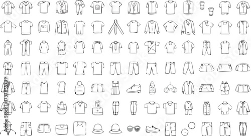 Collection of sketched clothing items including shirts pants dresses shoes and accessories in black and white