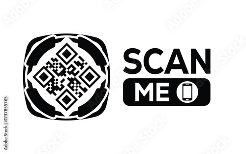 Minimalist black and white QR code label design with "SCAN ME" message, modern style, ideal for marketing, digital menus, business promotions, and mobile-based contactless solutions.	
