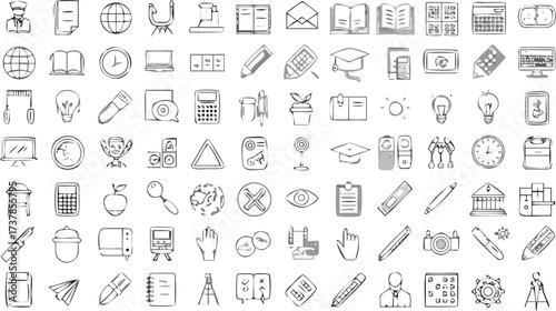 Illustration of various office and school supplies including books calculators and writing instruments sketch
