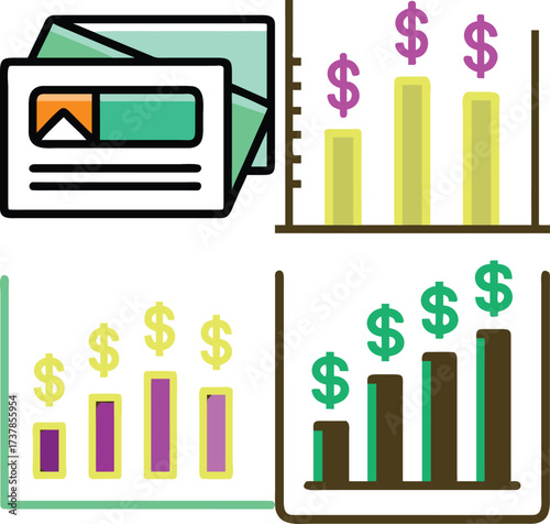 Four colorful diagrams displaying financial data and growth. A set of charts and diagrams representing economic concepts