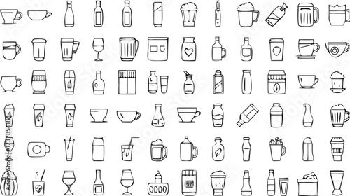Collection of various hand drawn beverage containers including cups bottles glasses and jars in black and white