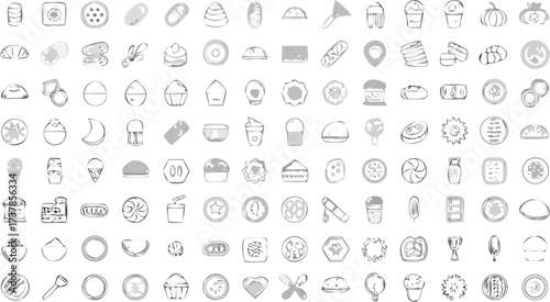 Collection of sketched food items including desserts, pastries, and other edible goods in grayscale