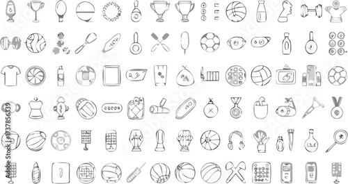 Collection of sketched sports and fitness equipment including balls trophies and other athletic accessories