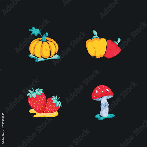Hand Drawn Pumpkin, Bell Pepper, Strawberry and Mushroom Vector on Dark Background