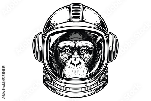 Vector art of a captivating monochrome illustration showcases a chimpanzee donning an astronauts helmet, , blending wildlife and space exploration themes, creating a unique and thoughtprovoking image