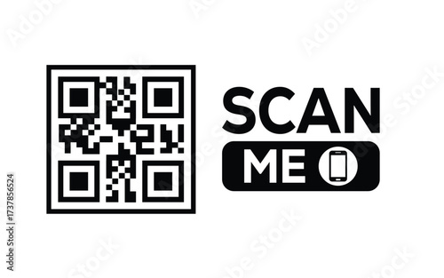 Minimalist black and white QR code label design with "SCAN ME" message, modern style, ideal for marketing, digital menus, business promotions, and mobile-based contactless solutions.	