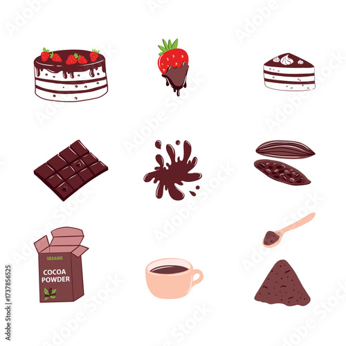 hand drawn doodle illustrations of chocolate, strawberry in chocolate cream, chocolate beans, cocoa powder, hot chocolate, chocolate splash, pie and slice of pie