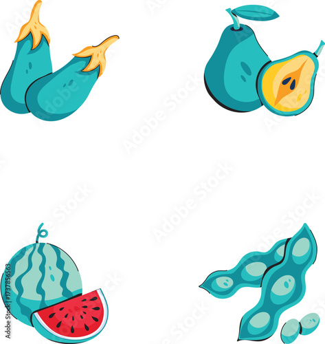 Colorful Fruits and Vegetables Hand Drawn Vector Icons on White Background