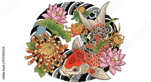 Majestic koi carp adorned with vibrant chrysanthemums and lotus blossoms in illustrative form