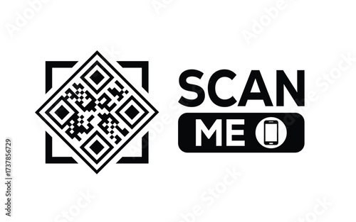 Minimalist black and white QR code icon with 'Scan Me' text on a clean background. Modern design for digital marketing, mobile app, and contactless interaction promotions.