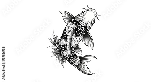 Intricate monochrome koi fish illustration in tattoo style against plain backdrop