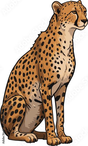 Cheetah sitting illustration, wild animal artwork, African predator, spotted fur, elegant pose, wildlife drawing, nature theme, feline sketch, safari concept, fast animal, golden coat, black spots,