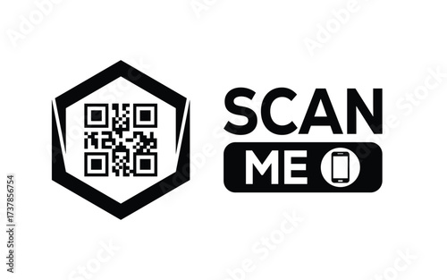 Minimalist black and white QR code icon with 'Scan Me' text on a clean background. Modern design for digital marketing, mobile app, and contactless interaction promotions.