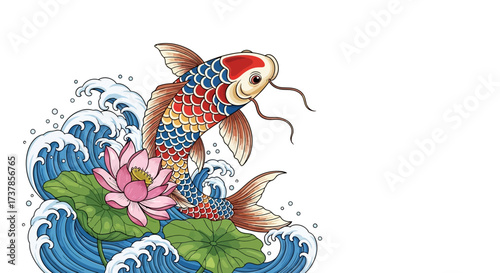 Colorful koi fish illustration with lotus flower and flowing water elements  perfect for design