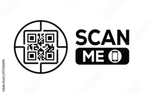 Minimalist black and white QR code icon with 'Scan Me' text on a clean background. Modern design for digital marketing, mobile app, and contactless interaction promotions.