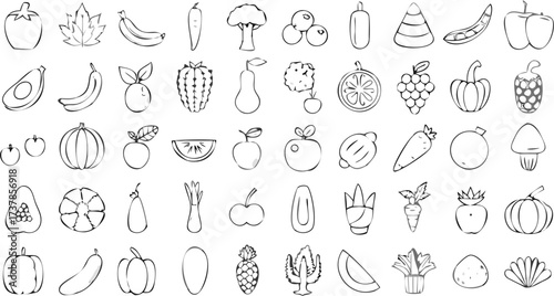Illustration of various fruits and vegetables in sketch style arranged in a grid pattern on white background