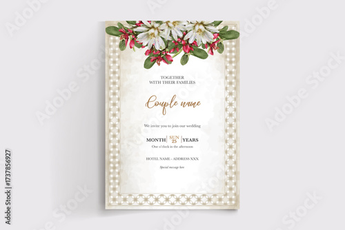 WEDDING INVITATION FRAME WITH FLOWER DECORATIONS AND FRESH LEAVES