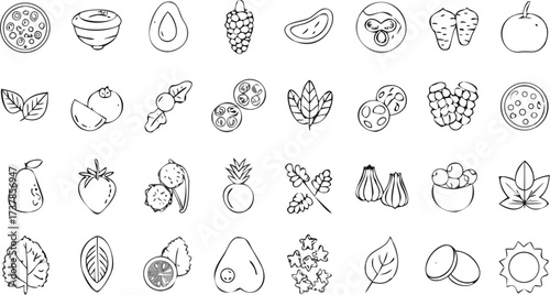 Illustration of various fruits, vegetables, and leafy greens in a hand drawn sketch style arrangement