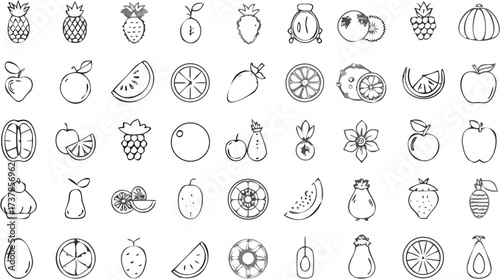 Collection of sketched fruits including pineapples apples oranges lemons strawberries and other exotic fruits