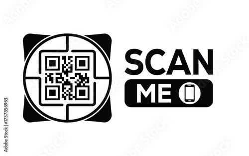 Minimalist black and white QR code icon with 'Scan Me' text on a clean background. Modern design for digital marketing, mobile app, and contactless interaction promotions.