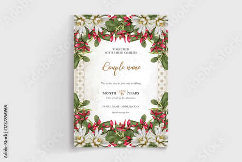 WEDDING INVITATION FRAME WITH FLOWER DECORATIONS AND FRESH LEAVES