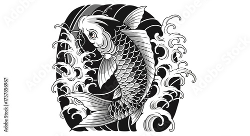Monochromatic koi fish illustration with swirling water elements and refined details