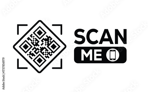Minimalist black and white QR code icon with 'Scan Me' text on a clean background. Modern design for digital marketing, mobile app, and contactless interaction promotions.
