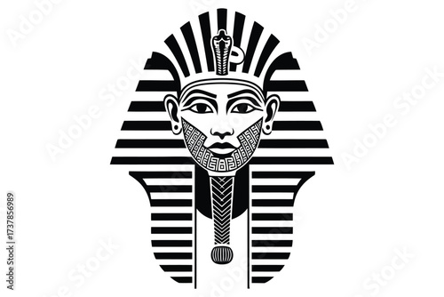 Vector art of an intricate pharaoh head illustration, featuring a regal egyptian ruler with a striped headdress, beard, and detailed facial features, perfect for historical themes