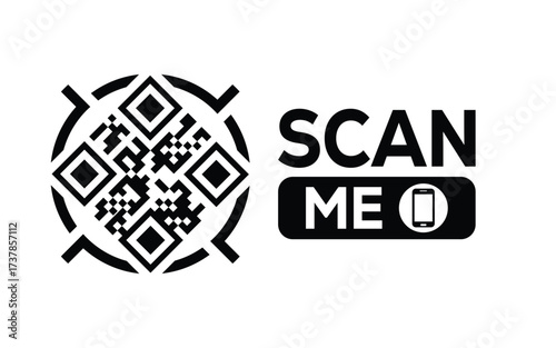 Minimalist black and white QR code icon with 'Scan Me' text on a clean background. Modern design for digital marketing, mobile app, and contactless interaction promotions.