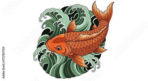 Majestic koi fish swimming through turbulent green waves embodying japanese artistry and natural