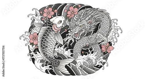 Stylized illustration showcasing a dragon and a koi fish amidst waves and cherry blossoms