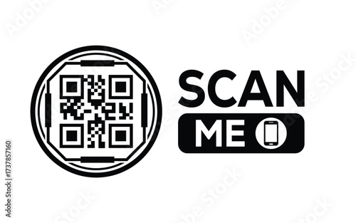 Minimalist black and white QR code icon with 'Scan Me' text on a clean background. Modern design for digital marketing, mobile app, and contactless interaction promotions.