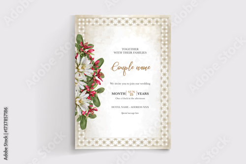 WEDDING INVITATION FRAME WITH FLOWER DECORATIONS AND FRESH LEAVES