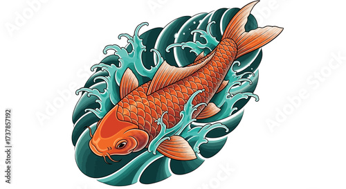 Elegant koi fish illustration amid flowing turquoise waves, reflecting Japanese artistry and