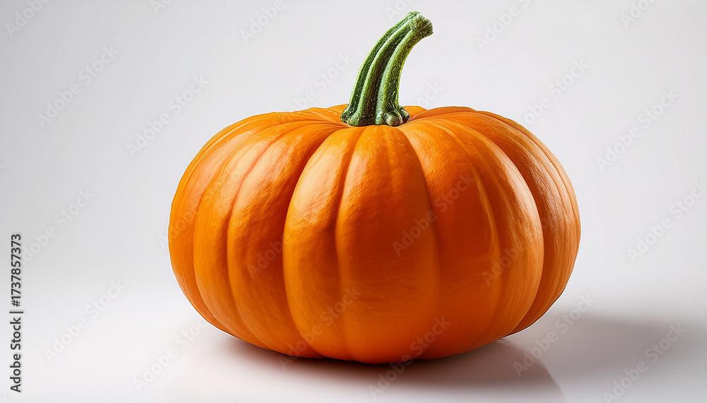 Obraz premium Close Up Of A Decorative Orange Pumpkin With Green Stem On White Background Food Photography