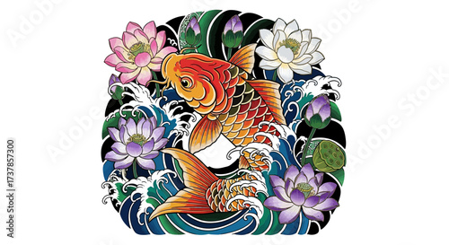Elegant koi fish with water lily flowers in vibrant colors in a classic art style