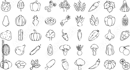 Illustration of various hand drawn vegetables and fruits in black and white sketch style art design