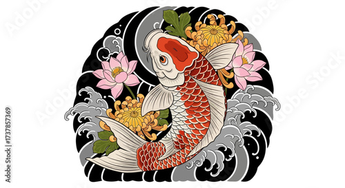 Elegantly Illustrated Koi Fish Surrounded by Lotuses and Chrysanthemums in a Japanese Art Style